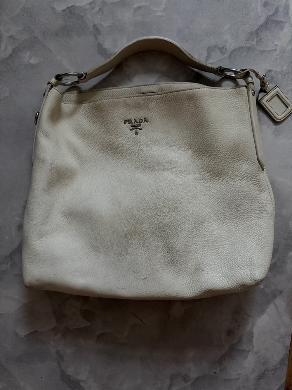 Prada Cream Pebbled Leather Shoulder Bag with Silver Hardware